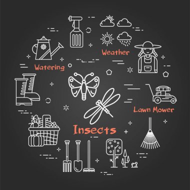 Vektör doğrusal siyah bahçe ve tarım - böcekler