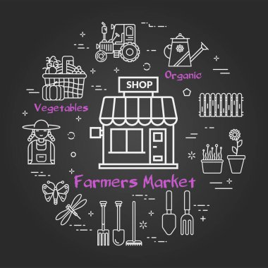 Vektör doğrusal siyah bahçe ve tarım - Çiftçi Pazarı