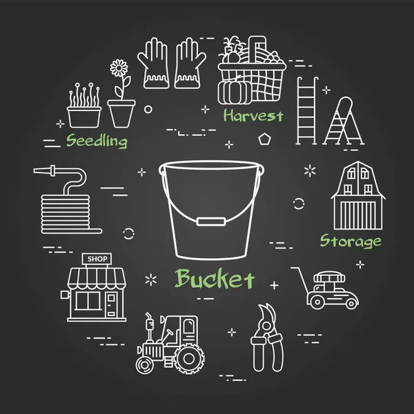 Vector linear black gardening and farming - Bucket — Stock Vector