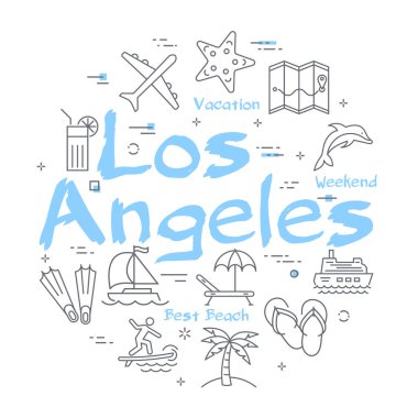 Los Angeles yazılı yaz zamanı pankartının renkli simgeleri