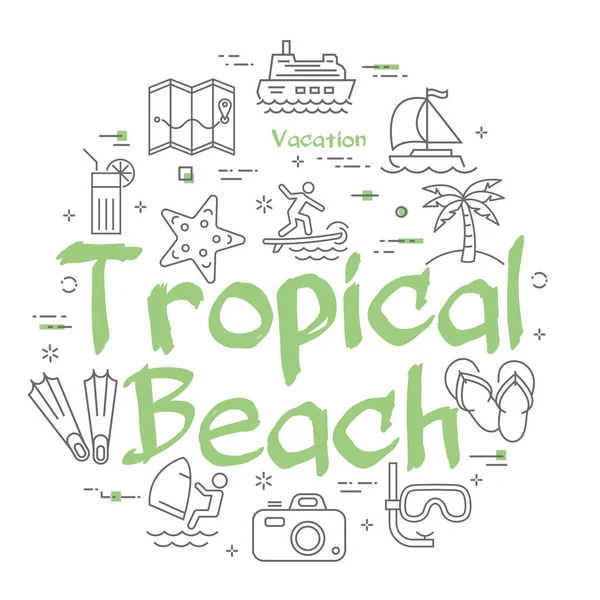 Зелений текст Тропічний пляж з лінійними літніми іконами — стоковий вектор