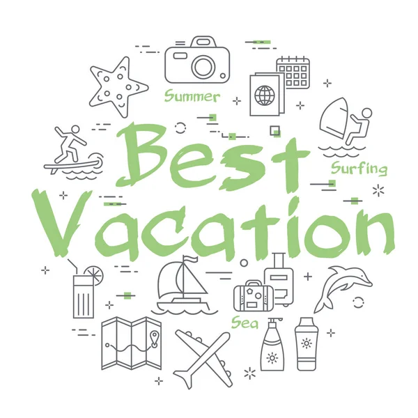 Zielony tekst Najlepsze wakacje z liniowymi ikonami czasu letniego — Wektor stockowy