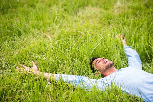 Handsome man on the green grass with his device look from back. — Stock Photo, Image