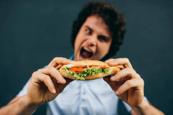 Young man eating a cheeseburger has pleasant expression. Hungry man in a fast food restaurant eating a hamburger outdoors. Man with curly hair having unhealthy street food and eat a burger.