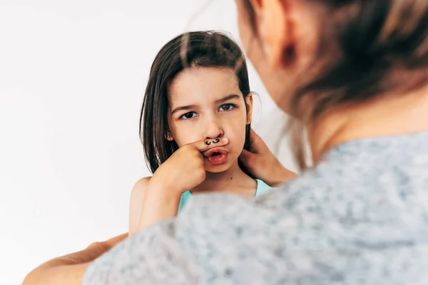 Rear View Mother Preparing Her Daughter Carnival Pretend Have Mustache — Stock Photo, Image