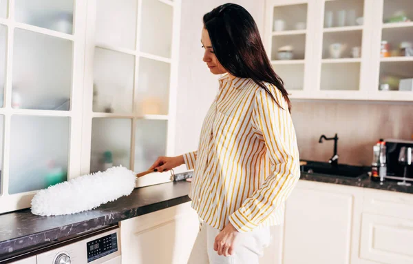 Housewife cleaning the home. Good-looking female cleaning the dust and disinfection the house.