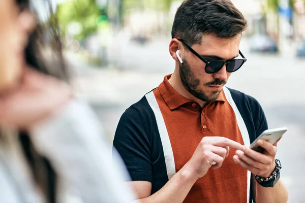 Serious Handsome Bearded Man Wearing Casual Outfit Black Sunglasses Standing — Stock Photo, Image