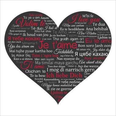 Kelime bulutu. Kalp şeklinde birçok dilde seni seviyorum ifade.