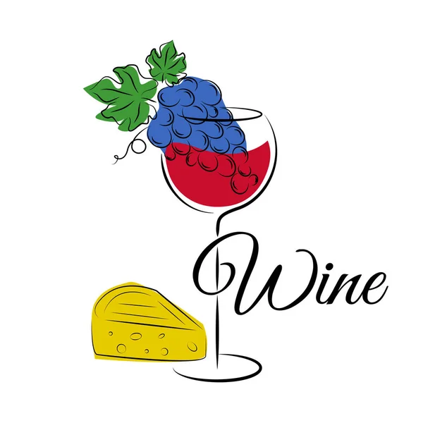 Siluetas de copa de vino, uva y queso aisladas sobre blanco — Vector de stock