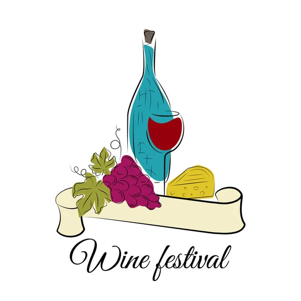 Concepto del festival del vino. Set de botella, copa de vino, uva y queso . — Vector de stock