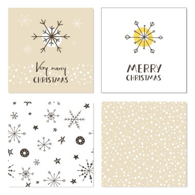 Kar taneleri, Dikişsiz desen ve elle çizilmiş yazı ile yaratıcı Noel kartları kümesi. Çok mutlu Noeller. Tebrik kartları, scrapbooking, davetiyeler ve çıkartmaları için şablon.