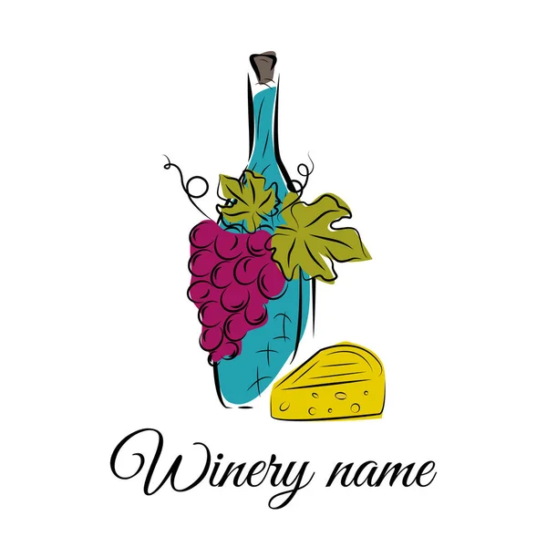 Fles Wijn Druivenmost Kaas Hand Getekende Concept Voor Producten Van — Stockvector