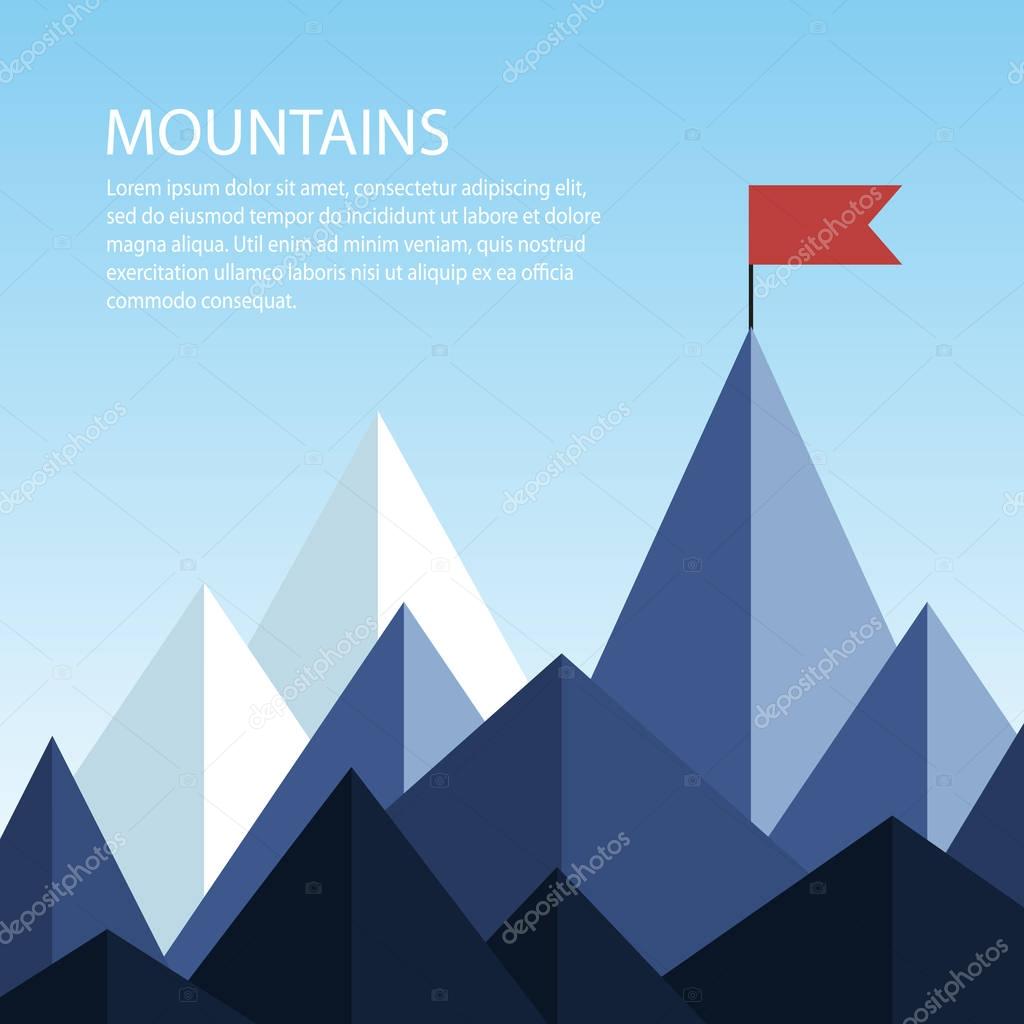 Polygonal mountains with a flag on the top. Business concept of success