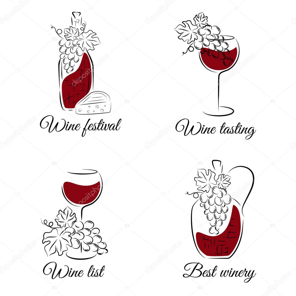 Wine concept. Hand drawn vector set. Can be used for wine list, menu restaurant, logo, emblem, wine tasting bar or winery illustration.
