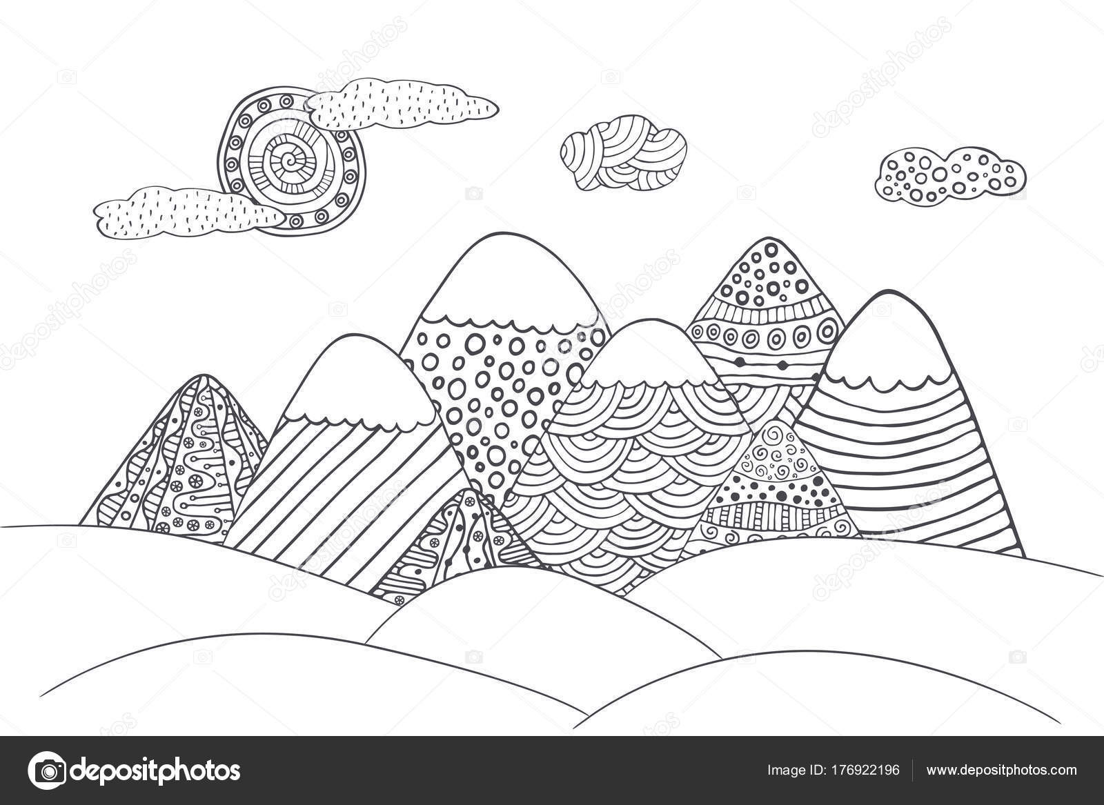 Montagne Con Sole Sveglio Nuvole Paesaggio Vettore Bianco Nero Disegnato — Vettoriale Stock
