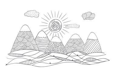 Dağlar şirin güneşin ve bulutların birlikte. Siyah beyaz manzara vektör. El vektör çizim basit desenleri ile çekilmiş. Dağlar siluet doodle tarzı.