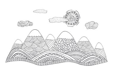 Dağlar şirin güneşin ve bulutların birlikte. Siyah beyaz manzara vektör. El vektör çizim basit desenleri ile çekilmiş. Dağlar siluet doodle tarzı.