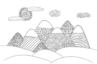 Dağlar şirin güneşin ve bulutların birlikte. Siyah beyaz manzara vektör. El vektör çizim basit desenleri ile çekilmiş. Dağlar siluet doodle tarzı.