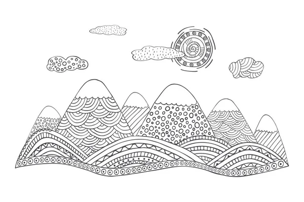 Dağlar şirin güneşin ve bulutların birlikte. Siyah beyaz manzara vektör. El vektör çizim basit desenleri ile çekilmiş. Dağlar siluet doodle tarzı.