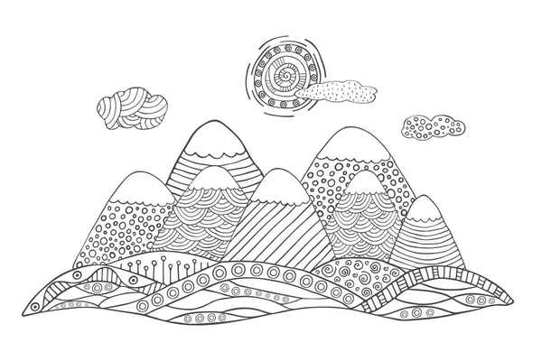 Dağlar şirin güneşin ve bulutların birlikte. Siyah beyaz manzara vektör. El vektör çizim basit desenleri ile çekilmiş. Dağlar siluet doodle tarzı.