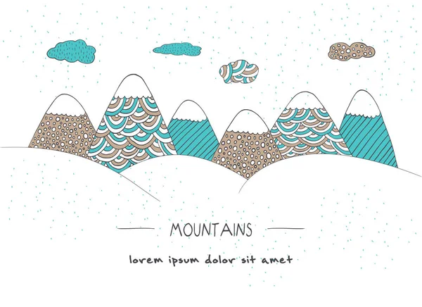 Zimowy Krajobraz Górski Stylu Doodle Ręcznie Rysowane Ilustracji Wektorowych Pozdrowienia — Wektor stockowy