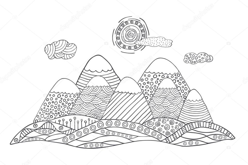 Mountains with cute sun and clouds. Vector landscape in black and white. Hand drawn vector illustration with simple patterns. Mountains silhouette in doodle style.