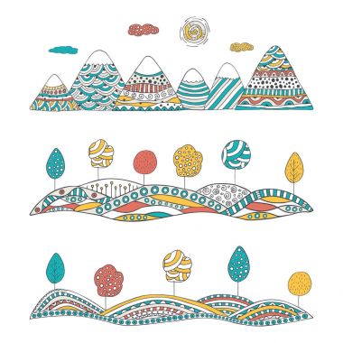 Elle çizilmiş doodle manzara dağlar, ağaçlar ve tepeler. Yatay Banner ayarlayın. Kartı, illüstrasyon, tebrik kitap ve çocuk dekor için renkli tasarım öğeleri. Vektör çizim.