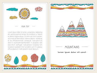 Dağlar, ağaçlar, güneş ve tepeler doodle. Dikey afiş kümesi. Şık, elle çizilmiş resimler. Vektör şablonları dekore edilmiş stil doodle. Renkli, karikatür manzara. Ön ve arka sayfa. Kartları tasarımı.