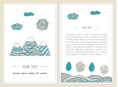 Dağlar, ağaçlar, güneş ve tepeler doodle. Dikey afiş kümesi. Şık, elle çizilmiş resimler. Vektör şablonları dekore edilmiş stil doodle. Renkli, karikatür manzara. Ön ve arka sayfa. Kartları tasarımı.