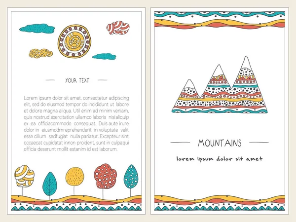 Doodle Montagnes Arbres Soleil Collines Ensemble Bannières Verticales Illustrations Élégantes — Image vectorielle