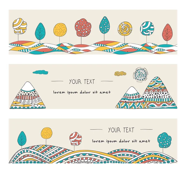 Dağlar, ağaçlar, güneş ve tepeler doodle. Yatay Banner ayarlayın. Şık, elle çizilmiş resimler. Vektör şablonları dekore edilmiş stil doodle. Renkli, karikatür manzara.