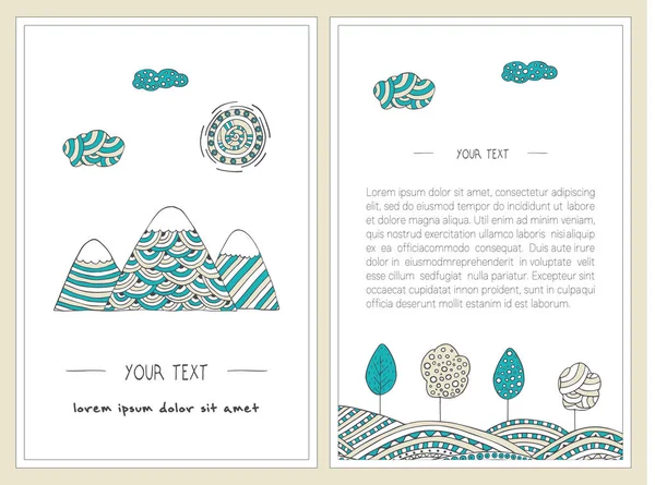 Dağlar, ağaçlar, güneş ve tepeler doodle. Dikey afiş kümesi. Şık, elle çizilmiş resimler. Vektör şablonları dekore edilmiş stil doodle. Renkli, karikatür manzara. Ön ve arka sayfa. Kartları tasarımı.