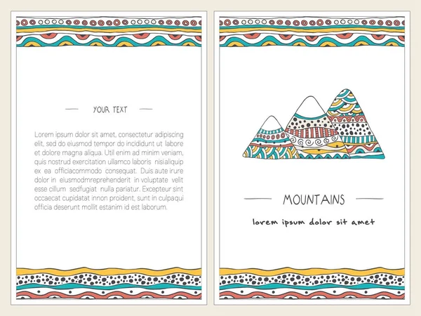 Dekore edilmiş dağlar desenleri doodle. Dikey afiş kümesi. Şık, elle çizilmiş resimler. Vektör şablonları doodle tarzı. Renkli, karikatür manzara. Ön ve arka sayfa. Kartları tasarımı.