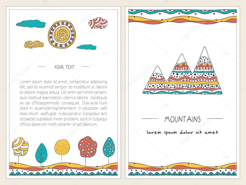 Doodle mountains, trees, sun and hills. Vertical banners set. Stylish, hand drawn illustrations. Vector templates decorated in doodle style. Colorful, cartoon landscapes. Front and back page. Cards design.