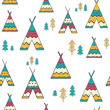 Elle çizilmiş wigwams ve beyaz ağaçta ile Seamless modeli. Etnik tarzda yaratıcı vektör arka plan.