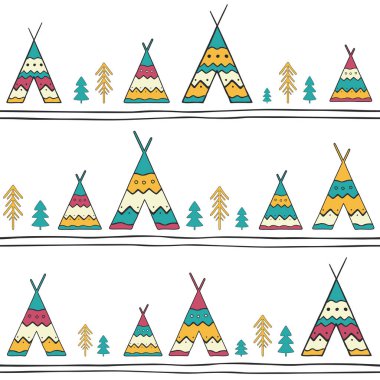 Elle çizilmiş wigwams ve beyaz ağaçta ile Seamless modeli. Etnik tarzda yaratıcı vektör arka plan.