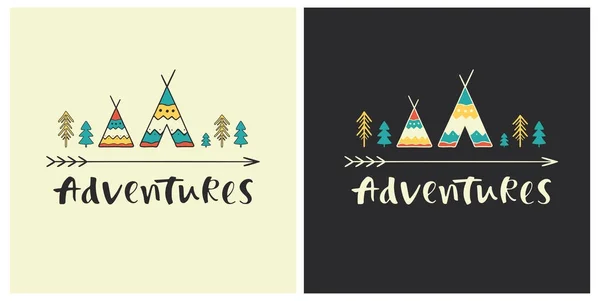 Adventures Hand Drawn Lettering Ethnic Style Wigwam Icons Set Outdoor — Stock Vector