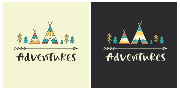 Avventure Lettering Disegnato Mano Stile Etnico Con Icone Wigwam Set — Vettoriale Stock