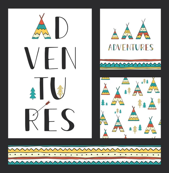 Conjunto de elegantes tarjetas al aire libre plantilla. Aventuras. Letras verticales dibujadas a mano con fondos sin costuras y elementos de diseño étnico: wigwams, árboles y flecha . — Vector de stock