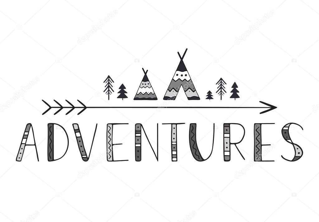 Outdoor vector illustration with wigwams, trees and arrow in decorative hand drawn style.