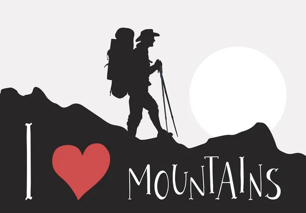 Touriste avec sac à dos se promènent dans les montagnes. Lettrage manuscrit J'aime Montagnes . — Image vectorielle