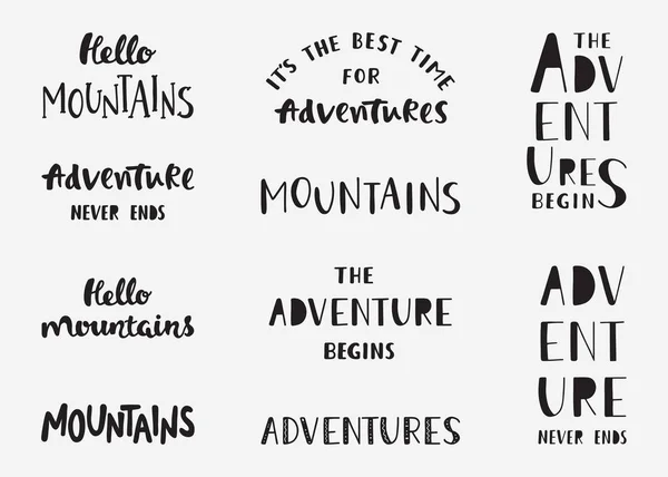 Conjunto de montañas y frases de letras dibujadas a mano de aventura. Senderismo citas inspiradoras . — Vector de stock