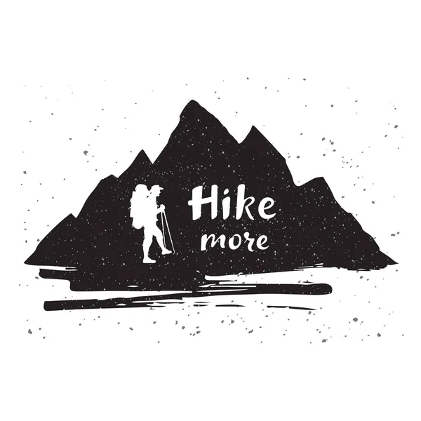 Mountains silhouette with a tourist and inspirational quote. Hand drawn lettering Hike more. — Stock Vector