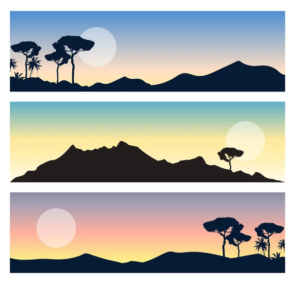 Sada krásných krajin. Panoramatické pohledy s slunce, barevné nebe, hory a stromy siluety. — Stockový vektor