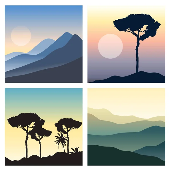 Set van prachtige landschappen. Panoramisch uitzicht met kleurrijke hemel, zon, bergen en bomen silhouetten. — Stockvector