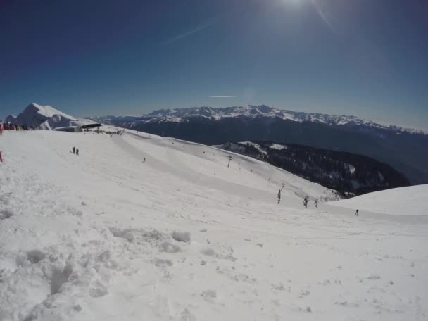 Skiers Red Paraglider Snow Covered Mountains — Stock Video