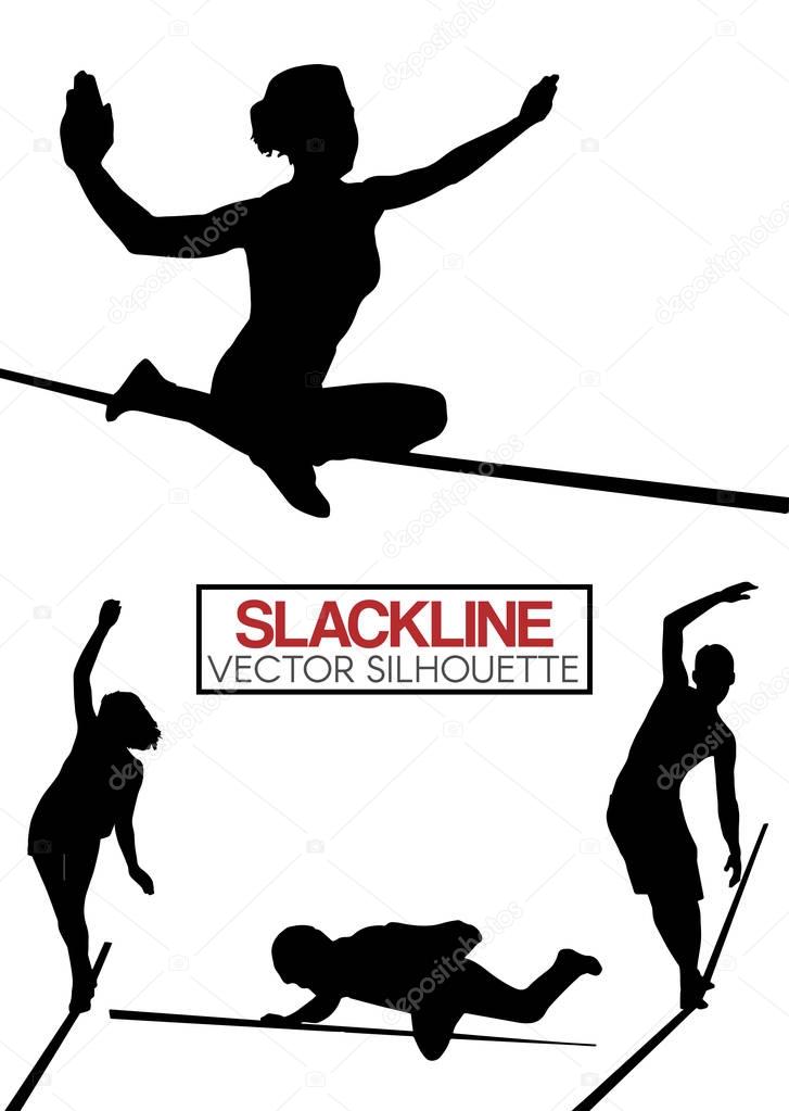 Set of isolated silhouettes balancing on slackline rope walker