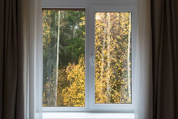 Fenêtre blanche avec seuil et paysage d'automne, intérieur avec fenêtre le jour d'automne — Photo