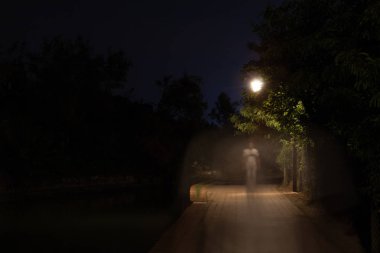 Çift pozlama gece sahne karanlık sokak sokak ile aydınlatılmış yürüme kişinin. Basık erkek siluetleri parkta yolda. İnsan figürü çekimde bulanıklık şehir nehir boyunca gidiş