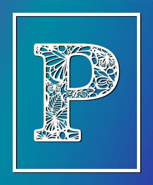 Lazer vektör süs P harfi ile kelebek ve yaprakları kesti. Bölmesi şablonu. Telkari kesme desen / Kirigami desen. Kağıt / Makina kesim